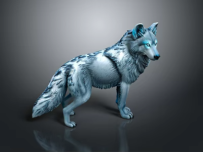 Wolf With Blue And White Fur And Glowing Eyes In Standing Pose Against Dark Background 3d model