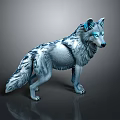 Wolf With Blue And White Fur And Glowing Eyes In Standing Pose Against Dark Background