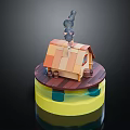 Cartoon Cottage Scene With Chimney Smoke Barrels On Round Platform Yellow Base Blue Accents