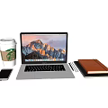 Silver Laptop With Smartphone Coffee Cup Notebook And Pen On White Surface 3d model