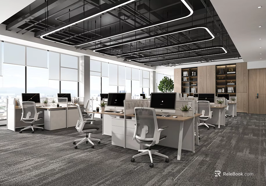 Modern Public Office Interior Design With Open Layout Desks And Green Plants 3d model 