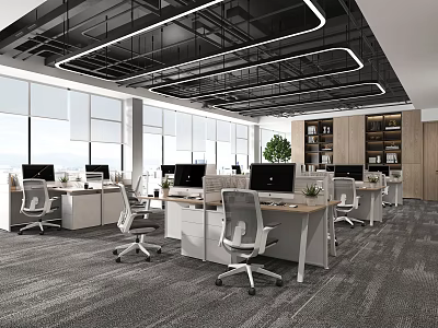 Modern Public Office Interior Design With Open Layout Desks And Green Plants 3d model