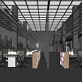Modern Public Office Space With Metal Ceiling Linear Pendant Lights Workstations Ergonomic Chairs And Green Plants