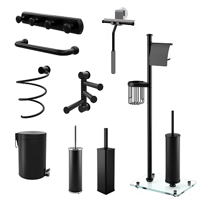 Modern Black Bathroom Accessories Including Towel Rack Toilet Brush And Trash Can 3d model