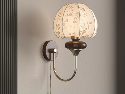 Wall Mounted Wall Lamp with Wooden Base Metal Arm and Leaf Pattern Fabric Lampshade 3d model