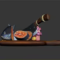 Wooden Cutting Board Display With Sliced Fish Decorative Bottle And Yellow Object