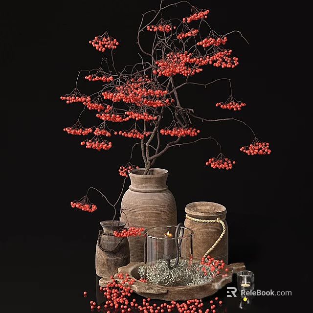 Red Berry Branches in Rustic Clay Vase with Small Pots and Decorative Candle Holders 3d model 