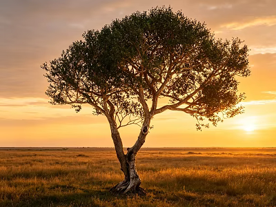 Lone Tree with Green Leaves Standing in Vast Grassland Under Sunset Sky 3d model
