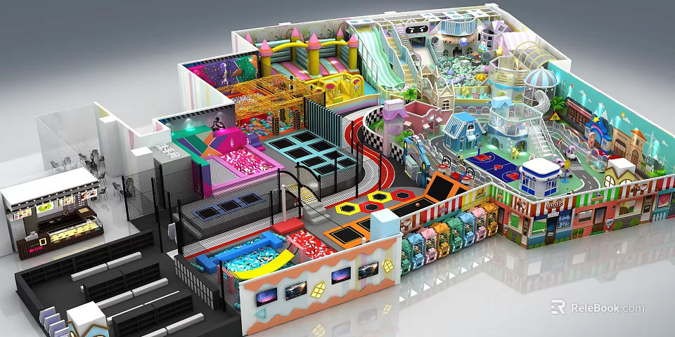 Fun Colorful Indoor Playground With Slides Trampolines Ball Pools Climbing Structures And Piano Steps 3d model 