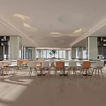 Modern Dining Hall Interior With Cloud Shaped Ceiling Green Pillars And Wooden Tables 3d model