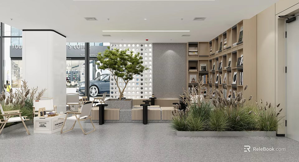 Modern Café Interior Design With Green Plants Comfortable Seating And Wooden Bookshelves 3d model 