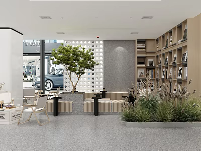 Modern Café Interior Design With Green Plants Comfortable Seating And Wooden Bookshelves 3d model