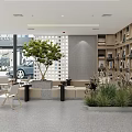 Modern Café Interior Design With Green Plants Comfortable Seating And Wooden Bookshelves