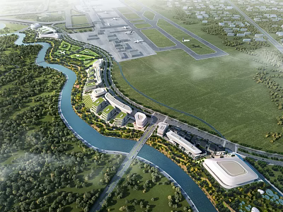 Aerial Planning Featuring River Green Landscape Buildings and Airport Runways Layout 3d model