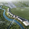 Aerial Planning Featuring River Green Landscape Buildings and Airport Runways Layout