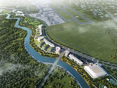 Aerial Planning Featuring River Green Landscape Buildings and Airport Runways Layout 3d model