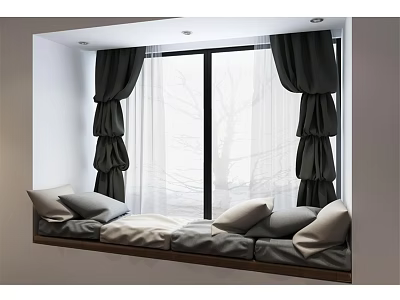 Modern Window Seat With Dark Pleated Curtains And White Sheer Panels 3d model