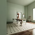 Bright Restaurant Interior With Light Green Walls Wooden Dining Table White Chairs And Checkerboard Floor