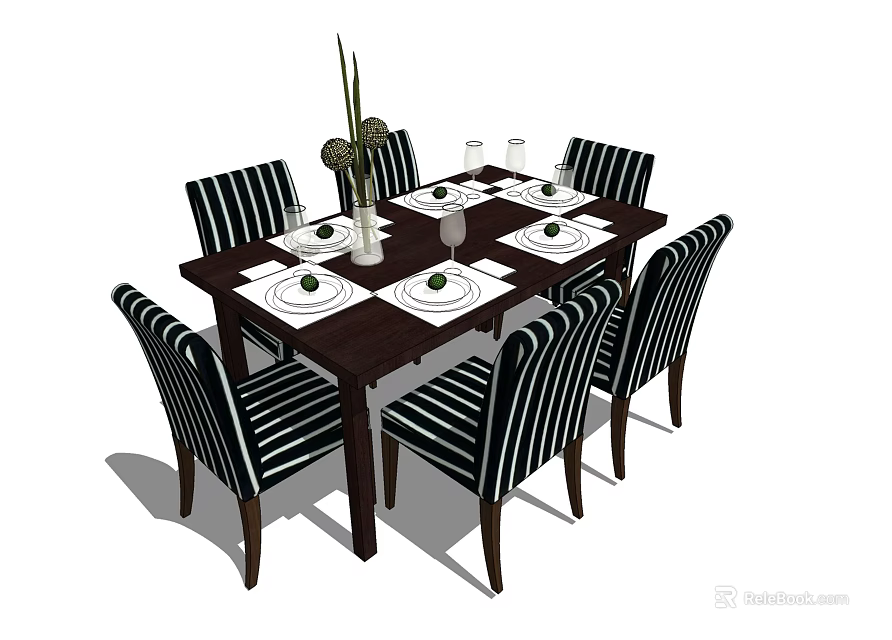 Dining Table Set With Black And White Striped Chairs Tableware Wine Glasses And Vase 3d model 