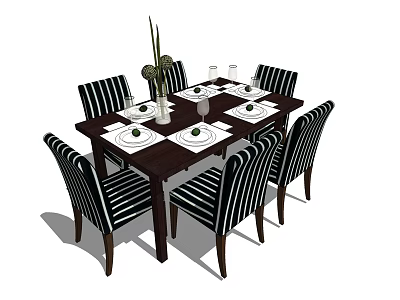 Dining Table Set With Black And White Striped Chairs Tableware Wine Glasses And Vase 3d model