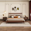 Traditional Bedroom Interior With Wooden Bed Frame Nightstands Soft Rug Red Curtains And Wall Art