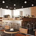 Modern Café Interior With Black Ceiling White Spherical Lights Wooden Walls Bar Counter And Stools