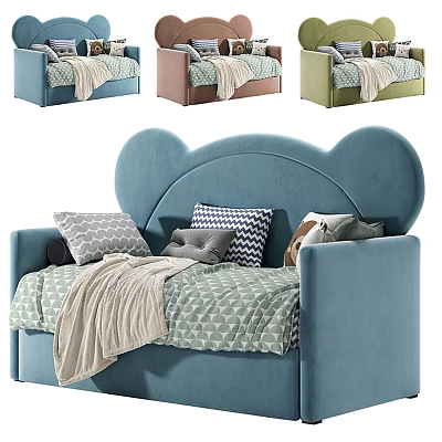 Blue Mickey Ear Shaped Velvet Sofa with Gray Checkered Brown Pillows and Beige Geometric Blanket 3d model