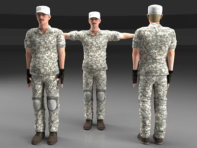 Man in Camouflage Uniform with White Cap Knee Pads Black Gloves and Brown Shoes 3d model