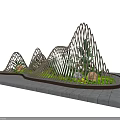 Curved Wave Like Garden Ornament With Green Plants Round Lights And Stone Base