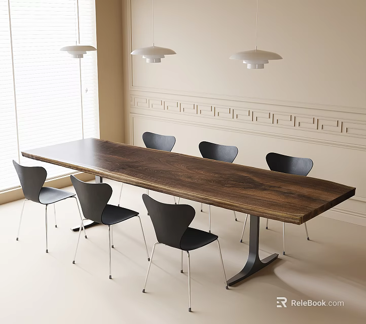 Long Wooden Conference Table With Metal Base And Black Chairs White Wall And Pendant Lights 3d model 