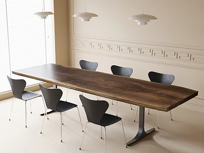 Long Wooden Conference Table With Metal Base And Black Chairs White Wall And Pendant Lights 3d model