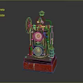Vintage Mechanical Device Model With Two Circular Components Large Wheel Metal Structure And Red Base