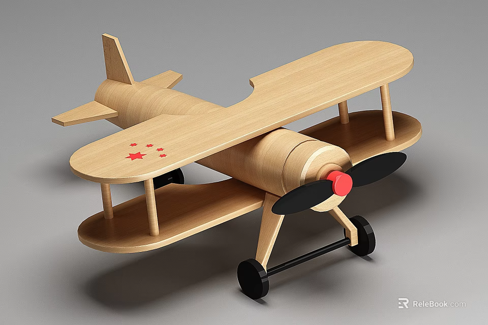 Electric Toy Wooden Biplane with Red Stars Black Wheels and Black Propeller 3d model 
