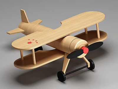Electric Toy Wooden Biplane with Red Stars Black Wheels and Black Propeller 3d model