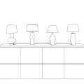Four Modern White and Yellow Table Lamps with Fabric Shades on Grey Wooden Cabinet