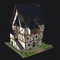 Half-Timbered Medieval House with Dark Roof Green Ivy Small Windows Stairs And Lawn