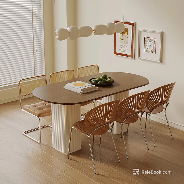 Modern Oval Wooden Dining Table With Vintage Chairs For Cozy Cream Tone Home Dining Area 3d model 