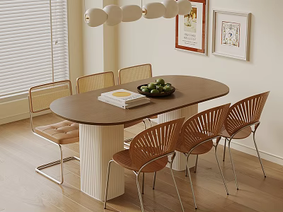 Modern Oval Wooden Dining Table With Vintage Chairs For Cozy Cream Tone Home Dining Area 3d model