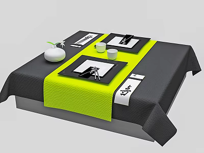 Modern Coffee Table With Black Tablecloth Yellow Stripe Dinner Plates Cups And White Vase 3d model