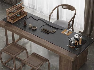 Wooden Tea Table And Chairs With Black Stone Top Tea Set Cups And Tray 3d model