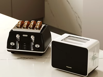 Modern Kitchen Appliances Black Toaster with Toasted Bread and White Oven on Marble Countertop 3d model