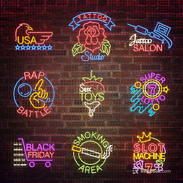 Colorful Neon Decorative Lights with Various Logos on Brick Wall Background 3d model 