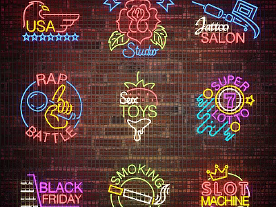 Colorful Neon Decorative Lights with Various Logos on Brick Wall Background 3d model