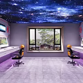 Modern Hotel Room With Starry Ceiling Game Character Mural And Computer Desk 3d model