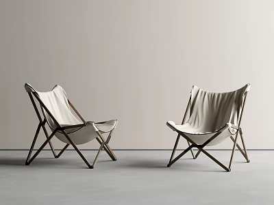 Foldable Outdoor Chairs With Light Fabric Seats And Dark Wooden Frames In Minimalist Space 3d model
