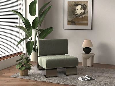 Light Green Velvet Single Seater Sofa With Large Plant Table Lamp And Area Rug 3d model