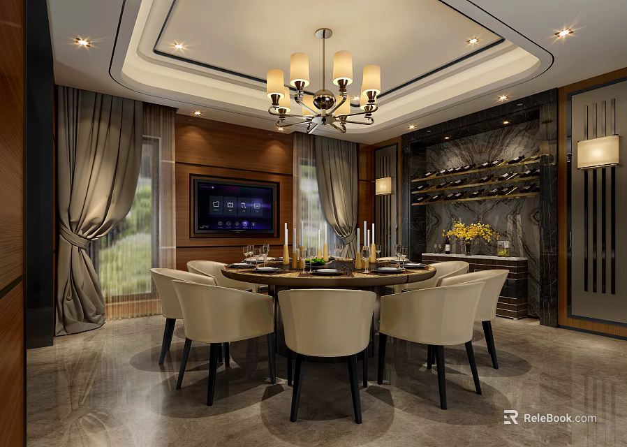 Elegant Private Dining Room Interior With Round Table Cream Chairs Chandelier TV And Wine Rack 3d model 