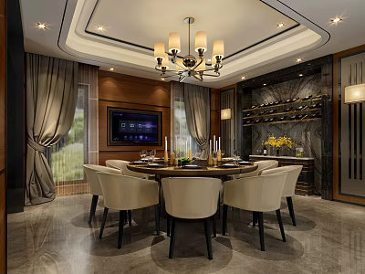 Elegant Private Dining Room Interior With Round Table Cream Chairs Chandelier TV And Wine Rack 3d model