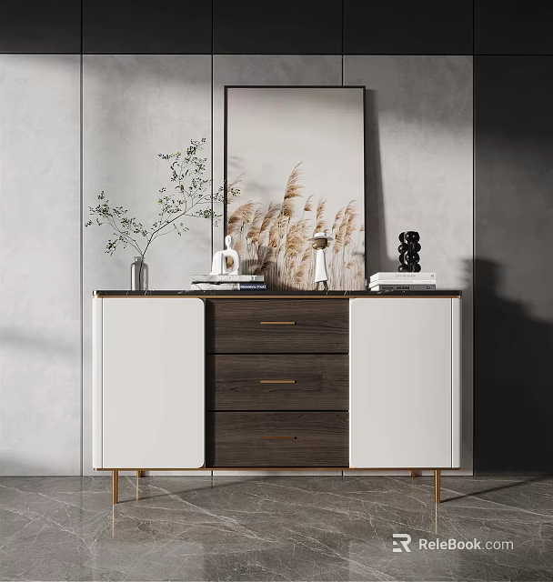 Modern Entryway Console Table With White Brown Cabinets Drawers And Decorative Items 3d model