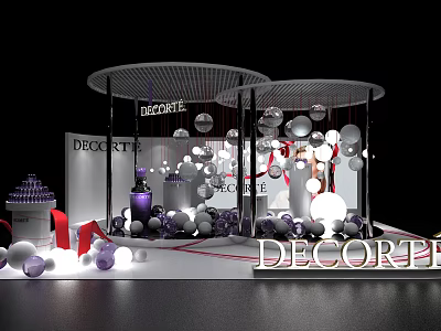 Elegant DECORTE Exhibition Booth Display With White Purple Spheres And Hanging Ornaments 3d model